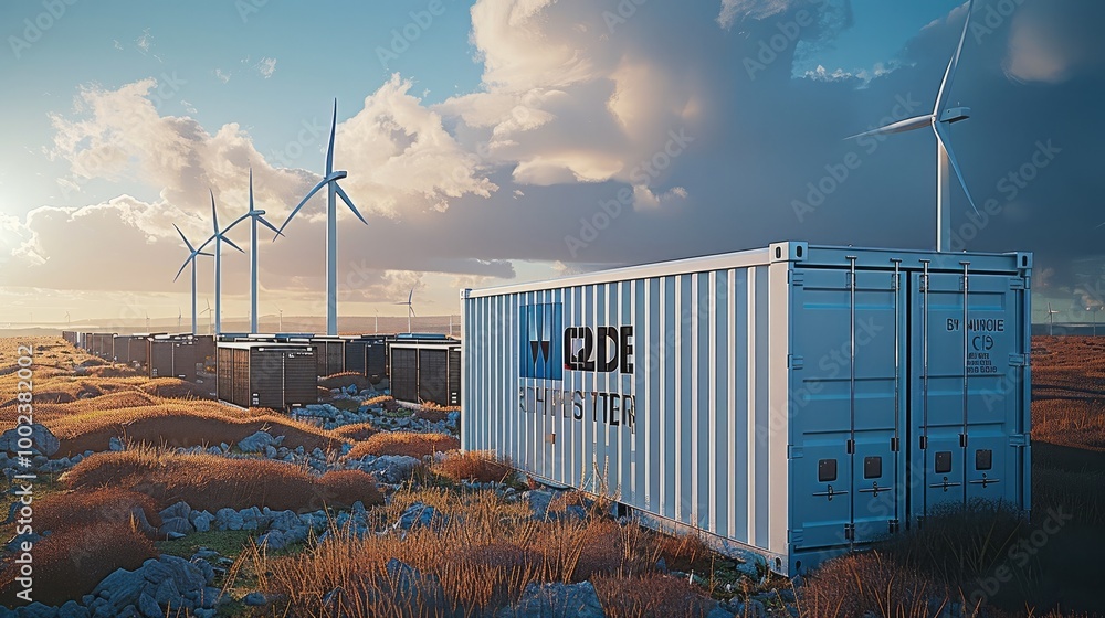 Poster an energy storage container with solar panels and wind turbines in the background.
