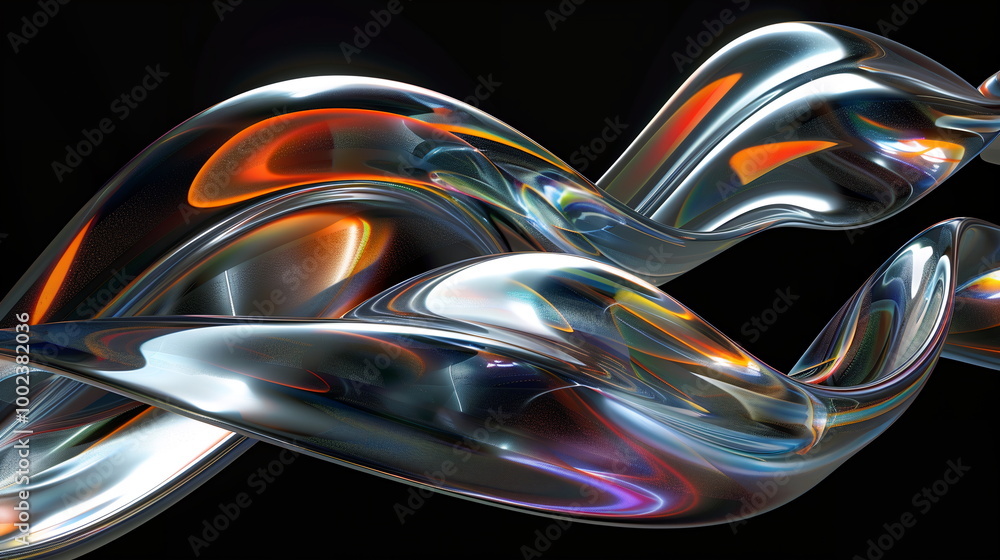 Poster 3d render of abstract futuristic glossy chrome curved shape with colorful reflections on black backg