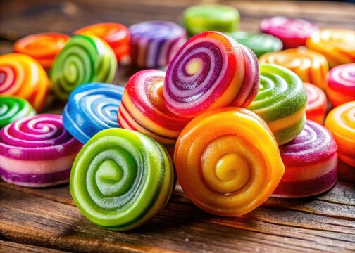 A vibrant pirul candy rests on a rustic wooden table, its colorful swirls captivating the eye and tempting taste buds with delightful sugary goodness.