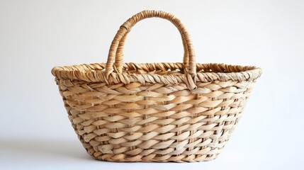 Obraz premium a woven basket with a sturdy handle, perfect for shopping at the market or for organizing items at home.