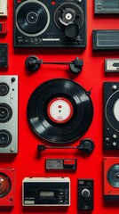 Fototapeta premium Classic Vinyl Record Surrounded by Vintage Audio Equipment on a Vibrant Red Background