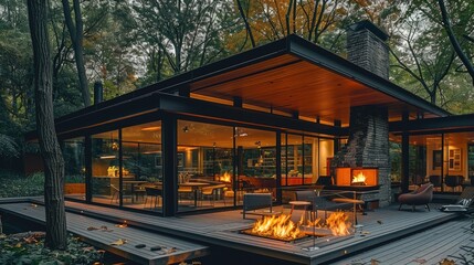 Fototapeta premium Modern House with a Retro Chic vibe, the entire house exterior, featuring Glass walls facade, and outdoor fireplace. Overhanging eaves roof.