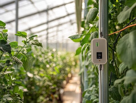 an air humidity sensor in a greenhouse, monitoring the moisture levels to ensure healthy plant growth in a controlled environment.