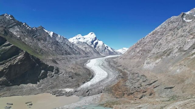 Drang Drung Glacier, a stunning mountain valley with a winding river, Zanskar
