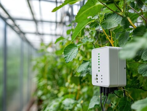 an air humidity sensor in a greenhouse, monitoring the moisture levels to ensure healthy plant growth in a controlled environment.