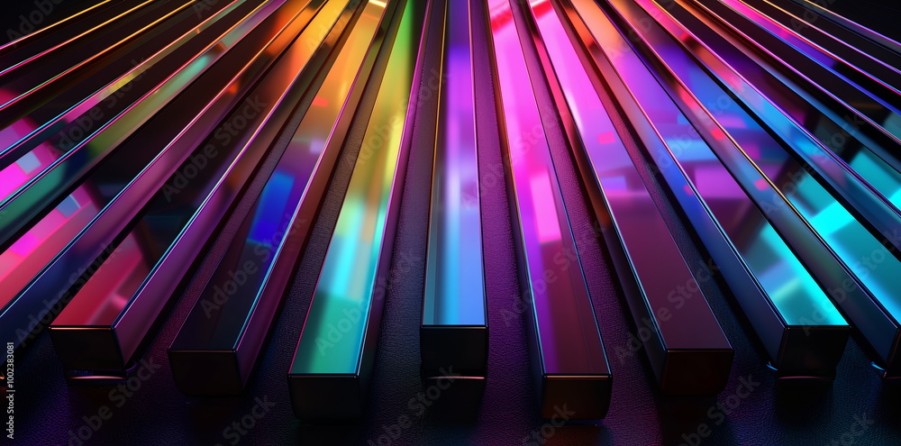 Poster 3d render of an abstract futuristic background with a holographic glass texture and colorful metal b