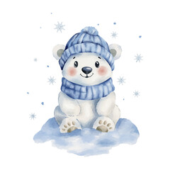 Vector watercolour polar bear. Cute white bear in a winter hat. Winter theme banner, kid's party, New Year greeting card, Christmas decoration. Cute cartoon bear character