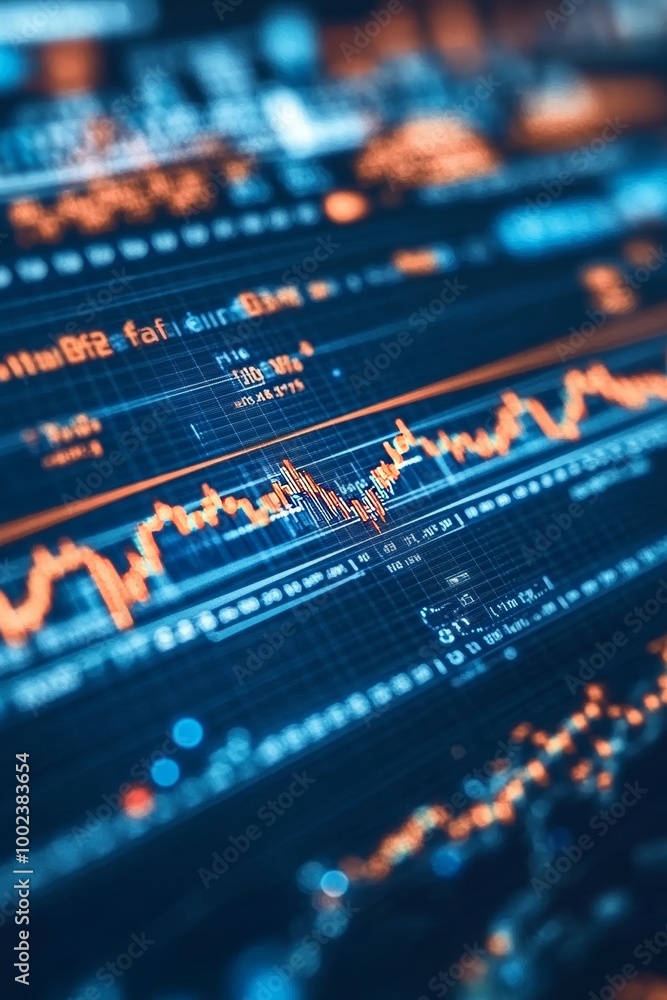 Poster forex trading charts, analytics and automated trading software system with depth of field