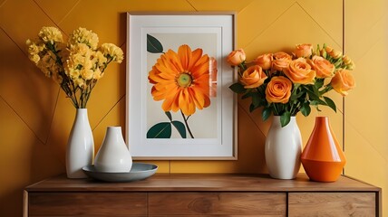 Fresh blooms in bright orange and yellow sit atop a wooden sideboard, framed by geometric decor and a retro glass dish, creating a cheerful modern space. Mock up.