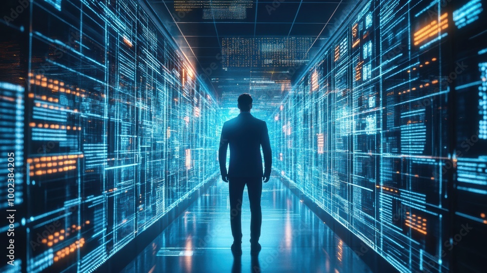 Fototapete a cybersecurity expert analyzes a virtual data space of glowing codes and firewalls, powered by gene