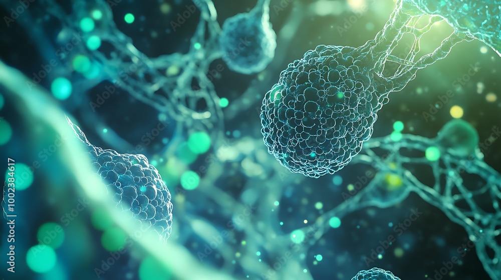 Poster abstract microscopic image of cells with glowing lights in blue and green tones.