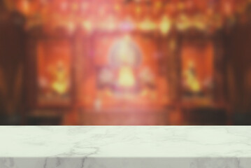 White Marble Table with Blurred Chinese Shrine with Light Leak