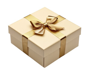 Elegant beige present box wrapped with ribbon, isolated on transparent cutout background