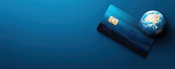 A sleek credit card is placed next to a globe, set against a smooth blue background, symbolizing global finance and digital transactions.