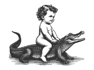 Fototapeta premium baby riding an alligator, blending surreal and vintage elements in detailed line art sketch engraving generative ai raster illustration. Scratch board imitation. Black and white image.