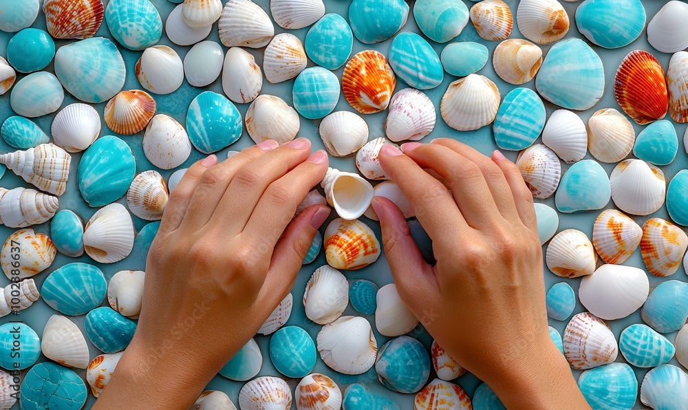 Poster seashell arrangement, hands meticulously organizing various seashells on a textured surface, showcas