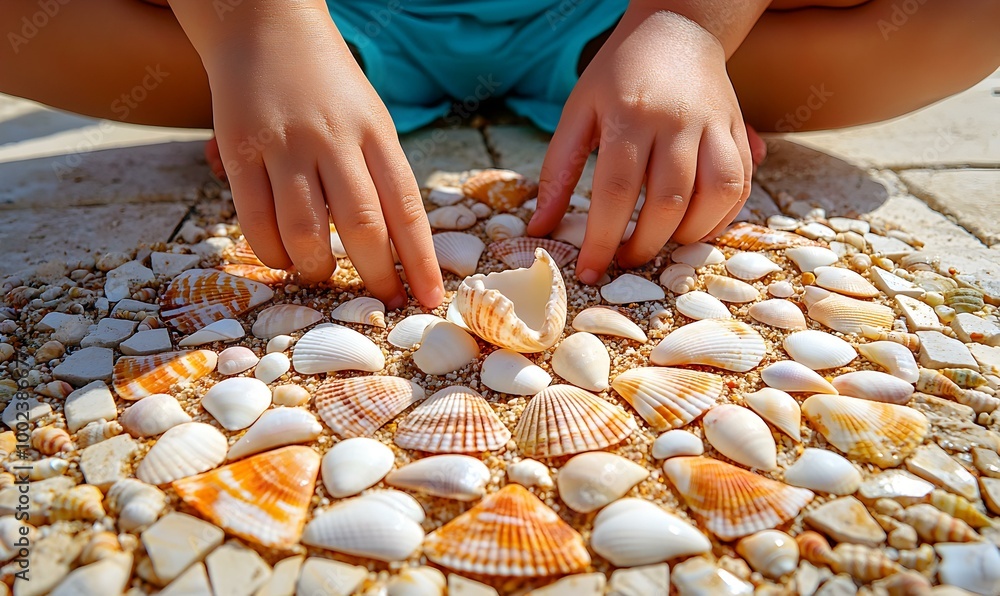 Poster seashell arrangement, hands skillfully organizing various seashells on a textured surface, showcasin
