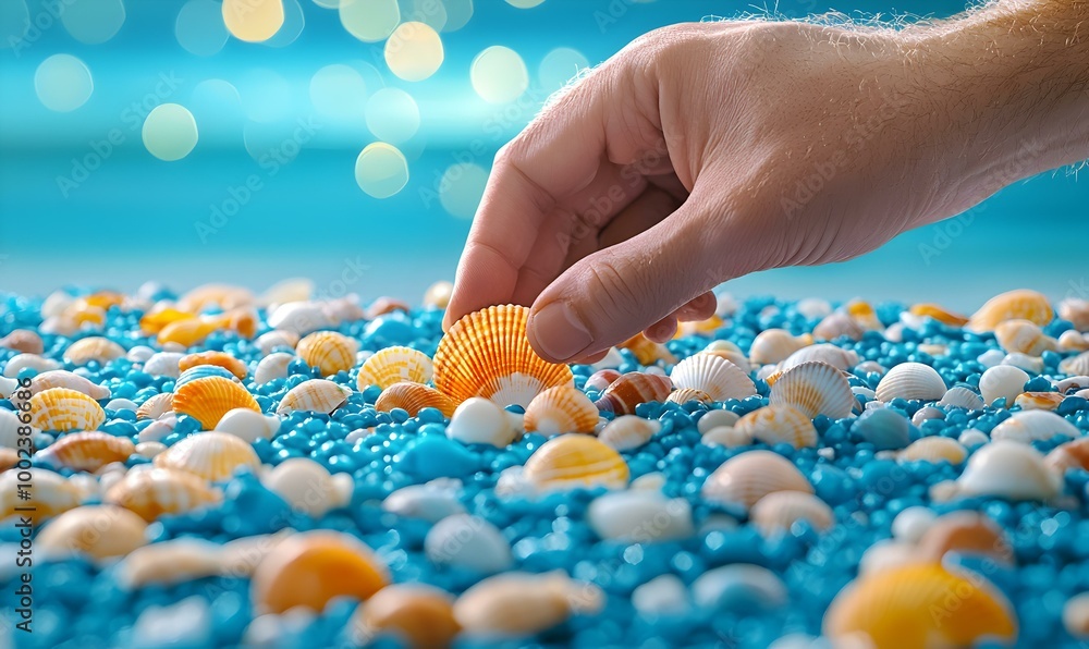 Poster seashell arrangement, hands skillfully placing seashells in a creative design, showcasing textures a
