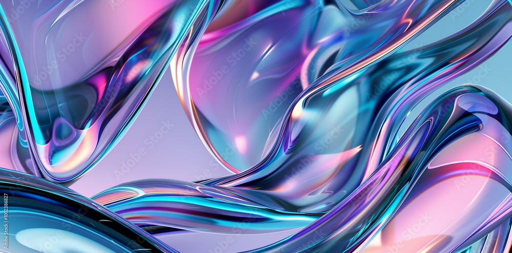Poster 3d render of colorful abstract background with shiny glass shapes, gradient, fluid and curved lines.