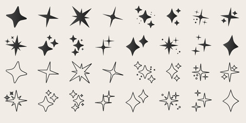 Set of blinking stars, sparks and sparkles. Shining twinkle sunburst shapes collection. Magic light flare pack for design template, poster, banner, brochure, leaflet. Vector glint glitter Vector EPS10