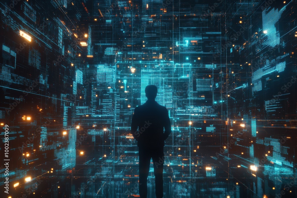 Leinwandbilder a cybersecurity expert navigating a virtual data space filled with glowing codes and protective fire