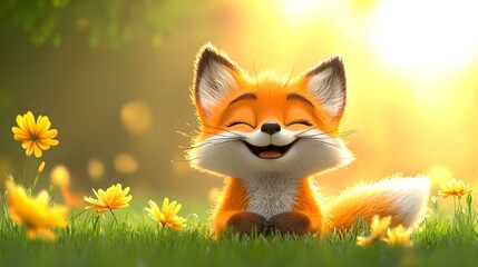 Obraz premium Charming cartoon fox amidst vibrant meadow flowers, whimsical and playful scene, inviting a sense of joy and tranquility.