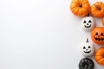 White background with a row of pumpkins on it. The pumpkins are orange and white, and they are...