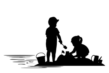 Children and pets silhouettes on white background. Little girl and boy playing on the shore sand. Vector illustration.