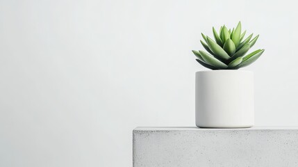 An off-white cylindrical pot holds a vibrant green succulent, elegantly positioned on a concrete pedestal with a soft beige backdrop, showcasing its natural beauty