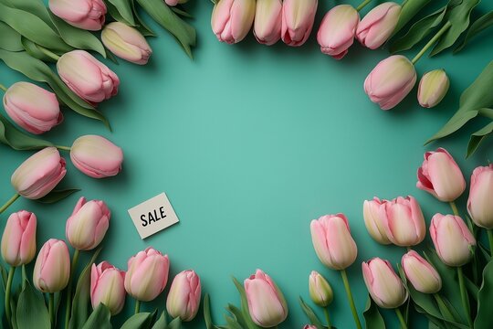 Sign that says Sale is in the middle of a bunch of pink flowers. The flowers are arranged in a circle and are all different sizes. spring flat lay with sale label isolated on green background - Powered by Adobe