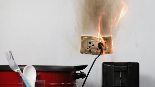 Fire and smoke from plugging the power cord into an overloaded electrical outlet. The concept of the dangers of using poor-quality equipment