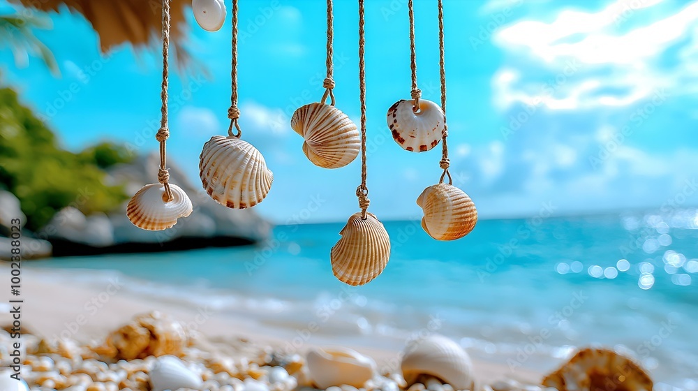 Poster shell chime creation, an artisan carefully assembling wind chimes from various shells, showcasing in