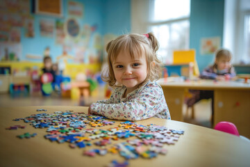 Smiling girl with curly hair playing with colorful beads at a table