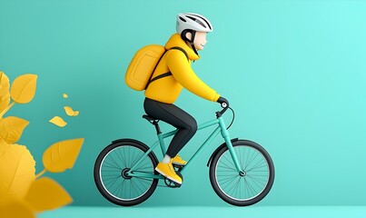 Whimsical Adventure, a lively cartoon character joyfully cycling through a vibrant park filled with colorful flowers and cheerful trees