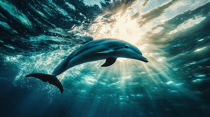 Naklejka premium A dolphin gracefully swims in the shimmering sunlight, its head bobbing above the waves