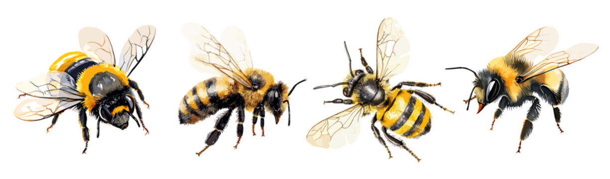 Honey bee set. Beehive bumblebee working insects with yellow and black stripes. Wild nature. Design elements for invitation cards floral organic honey decor. Watercolor style isolated vector clipart