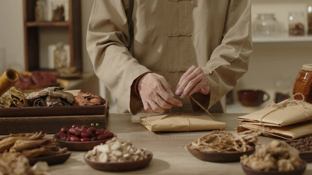 The physician is carefully tying the herbal medicine package with brown string, the background of the traditional medicine room with the table containing other herbs placed on a wooden plate.