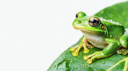 Naklejka premium Close-up photo of a frog perched on a leaf with water droplets on its back against a white background