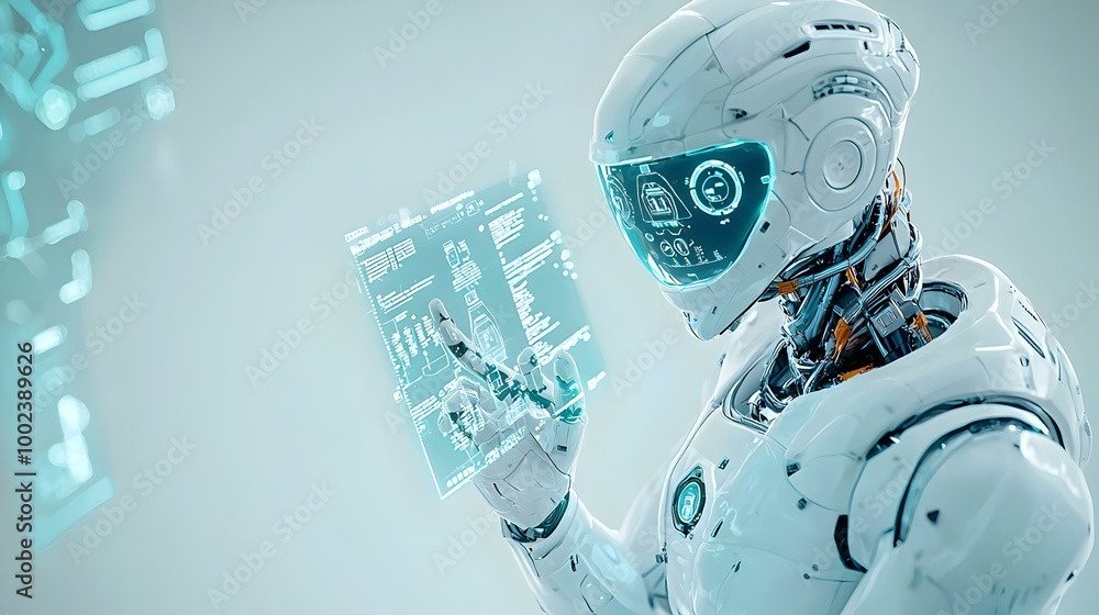 Poster futuristic robot with digital interface, a sleek 3d robot showcasing an advanced interactive display