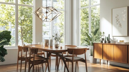 A sophisticated dining room featuring a mid-century modern table with sleek wooden chairs