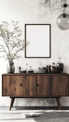 Scandinavian Living Room Interior With Blank Frame, Wooden Cabinet, And A Minimalist Design