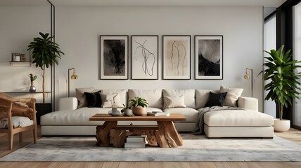 A stylish living room interior with white sofas, a wooden side table, abstract wall art, and minimalist decor. The space includes a soft rug, indoor plants, and cozy accents, creating a serene.