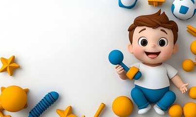 Joyful cartoon baby with a rattle, vibrant colors, playful expression, surrounded by a cheerful atmosphere, evoking innocence and happiness