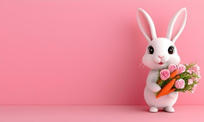 Fototapeta premium Playful rabbit with vibrant fur joyfully clenching a colorful bundle of fresh carrots, set against a cheerful, whimsical background.