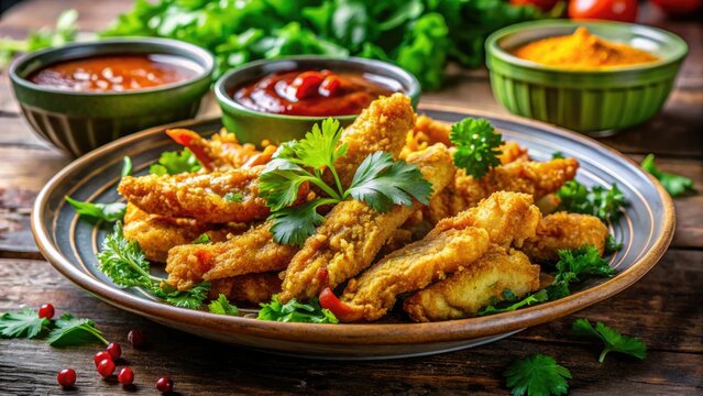 Crispy fried chitlins garnished with fresh herbs, served on a plate alongside a flavorful dipping sauce for a delicious and satisfying meal experience.