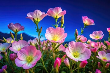 Fototapeta premium Delicate blooms of Oenothera rosea display their soft pink flowers against a clear blue sky, creating a serene and picturesque scene in nature's beauty.