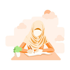 Cute Islamic Hijab Girl Study writing on the table in morning Vector Illustration I