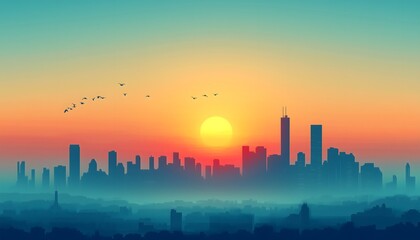 Fototapeta premium A minimalistic illustration of the skyline of a city during a sunrise