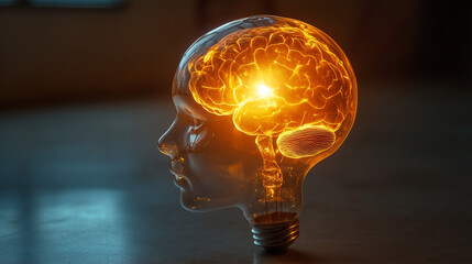 a bulb in shape of Human head silhoutte and glowing brain inside. brains in the light bulb