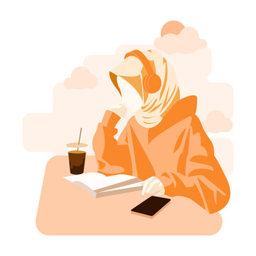 Cute muslim hijab girl study and working on the table in the morning vectori flat illustration I